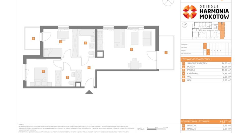 Rzut - Mieszkanie na sprzedaż 3 pokoje o powierzchni 62,04 m² - numer J.2 w Osiedle Harmonia Mokotów etap 3