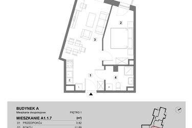 Rzut - Mieszkanie na sprzedaż 2 pokoje o powierzchni 45 m² - numer A1.1.7 w ATAL Grabiszyn