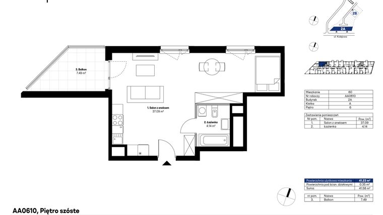 Rzut - Mieszkanie na sprzedaż 1 pokój o powierzchni 41,1 m² - numer AA0610 w NU2 Warszawa Wola