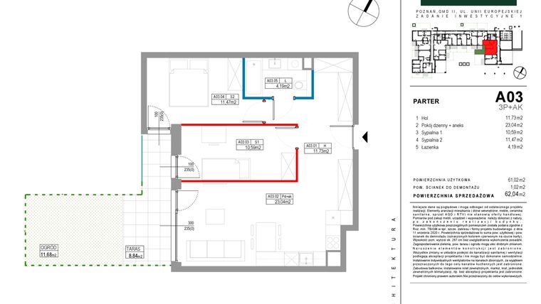 Rzut - Mieszkanie na sprzedaż 3 pokoje o powierzchni 61,02 m² - numer A003 w Grunwald Między Drzewami etap II