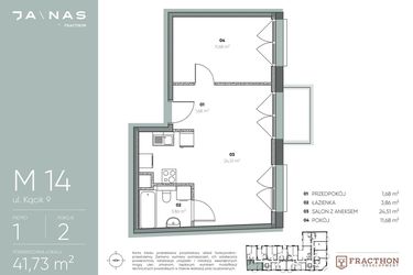 Rzut - Mieszkanie na sprzedaż 2 pokoje o powierzchni 41,73 m² - numer M.14 w Ja\nas