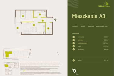 Rzut - Mieszkanie na sprzedaż 2 pokoje o powierzchni 47,89 m² - numer A3 w Osiedle Imbramowskie
