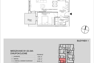 Rzut - Mieszkanie na sprzedaż 2 pokoje o powierzchni 43,29 m² - numer B1-02-24A w Francuska Park IX