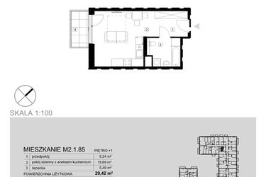Rzut - Mieszkanie na sprzedaż 1 pokój o powierzchni 29,42 m² - numer M2.1.85 w Modern Helenów