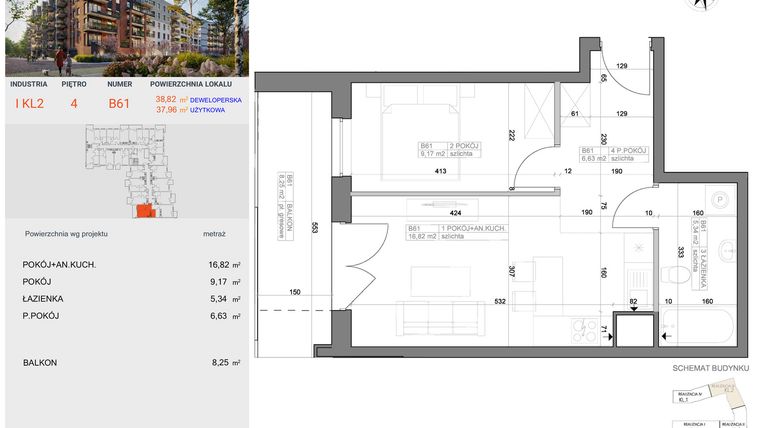 Rzut - Mieszkanie na sprzedaż 2 pokoje o powierzchni 37,96 m² - numer I-B61 w Industria etap I-B