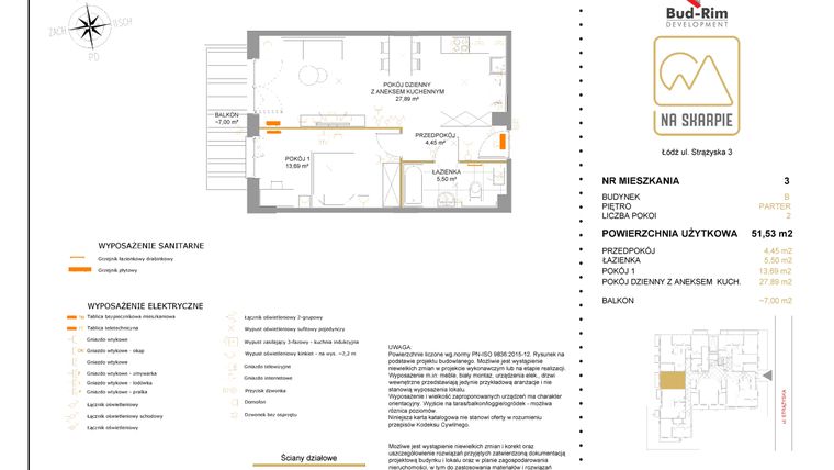Rzut - Mieszkanie na sprzedaż 2 pokoje o powierzchni 51,53 m² - numer B3 w Na Skarpie bud. B
