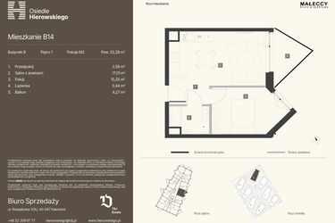 Rzut - Mieszkanie na sprzedaż 2 pokoje o powierzchni 33,28 m² - numer B14 w Osiedle Hierowskiego