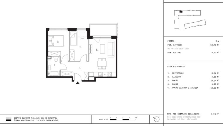 Rzut - Mieszkanie na sprzedaż 3 pokoje o powierzchni 50,55 m² - numer K4.1 w Myśliborska III etap