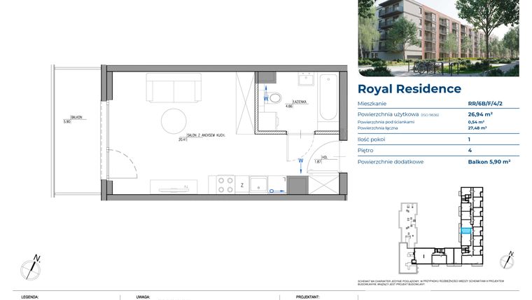 Rzut - Mieszkanie na sprzedaż 1 pokój o powierzchni 26,94 m² - numer RR/6B/F/4/2 w Royal Residence 6B