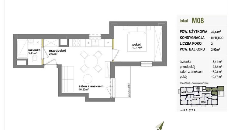 Rzut - Mieszkanie na sprzedaż 2 pokoje o powierzchni 32,43 m² - numer M08 w Międzylesie przy lesie