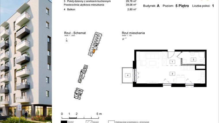Rzut - Mieszkanie na sprzedaż 1 pokój o powierzchni 39,08 m² - numer A.68 w Osiedle Kochanowskiego - Gliwice