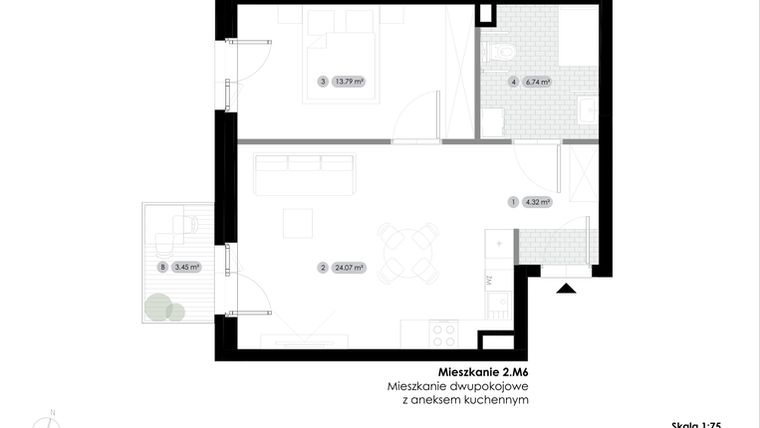 Rzut - Mieszkanie na sprzedaż 2 pokoje o powierzchni 48,92 m² - numer 2.M6 w Stalowa 76