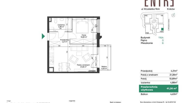 Rzut - Mieszkanie na sprzedaż 2 pokoje o powierzchni 41,26 m² - numer 116A-M06 w Entre