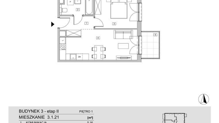 Rzut - Mieszkanie na sprzedaż 2 pokoje o powierzchni 42,71 m² - numer 3.1.21 w ATAL Apollina II