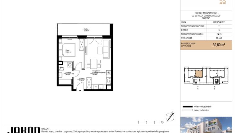 Rzut - Mieszkanie na sprzedaż 2 pokoje o powierzchni 39,6 m² - numer 2.A15 w Gombrowicza 33 - etap II