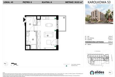 Rzut - Mieszkanie na sprzedaż 1 pokój o powierzchni 30,83 m² - numer A.06.L.43 w ReVola