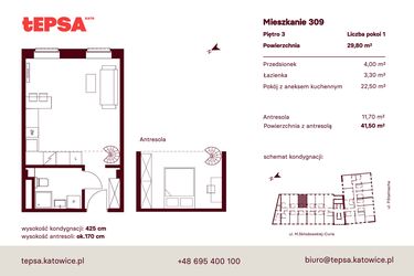Rzut - Mieszkanie na sprzedaż 1 pokój o powierzchni 29,8 m² - numer M309 w Tepsa Kato