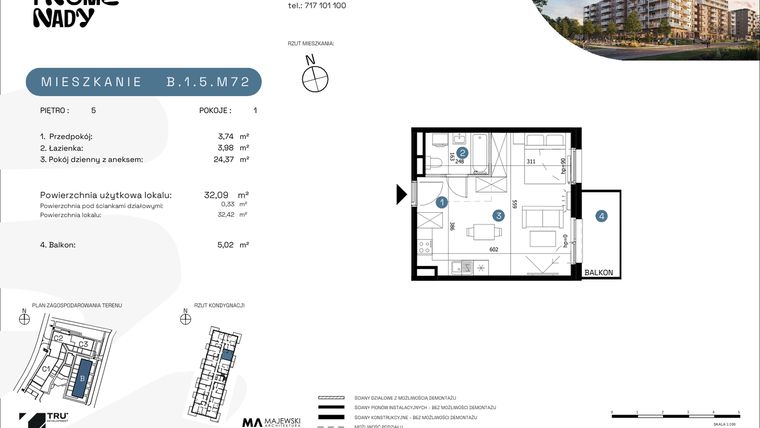 Rzut - Mieszkanie na sprzedaż 1 pokój o powierzchni 32,36 m² - numer B.1.5.M72 w Nowe Promenady etap II