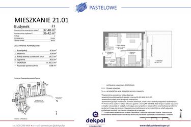Rzut - Mieszkanie na sprzedaż 2 pokoje o powierzchni 36,42 m² - numer 21.01 w Osiedle Pastelowe etap IV