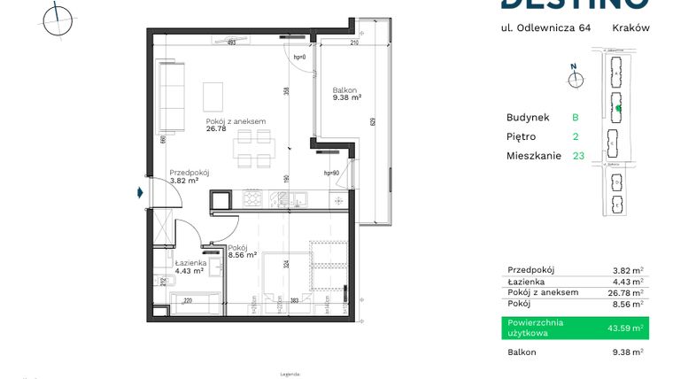Rzut - Mieszkanie na sprzedaż 2 pokoje o powierzchni 43,59 m² - numer B-23 w Destino