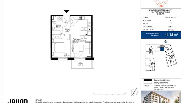 Rzut - Mieszkanie na sprzedaż 2 pokoje o powierzchni 41,18 m² - numer E.B47 w Wieruszowska E