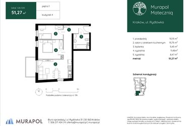 Rzut - Mieszkanie na sprzedaż 3 pokoje o powierzchni 51,27 m² - numer 4.A.1.04 w Murapol Mateczniq