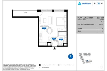 Rzut - Mieszkanie na sprzedaż 1 pokój o powierzchni 34,68 m² - numer B23 261 w Flow - bud. B2 A i bud. B2 B