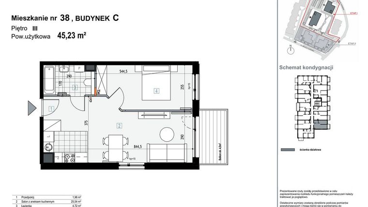 Rzut - Mieszkanie na sprzedaż 2 pokoje o powierzchni 45,23 m² - numer C38 w Apartamenty Kopernika
