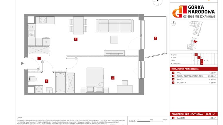 Rzut - Mieszkanie na sprzedaż 2 pokoje o powierzchni 51,25 m² - numer 5.1.B.10 w Osiedle Górka Narodowa etap 5