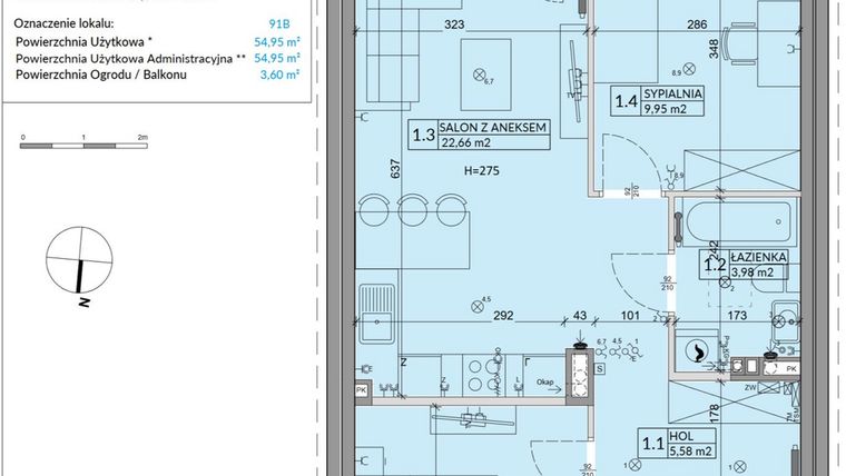 Rzut - Mieszkanie na sprzedaż 3 pokoje o powierzchni 54,95 m² - numer 91B w Osiedle Młodych etap VI