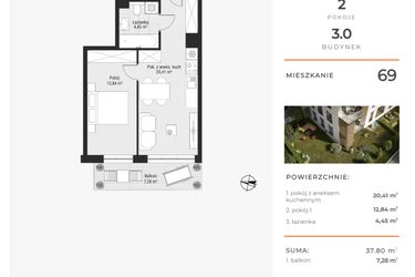Rzut - Mieszkanie na sprzedaż 2 pokoje o powierzchni 37,8 m² - numer 69 w Bytkowska 3.0