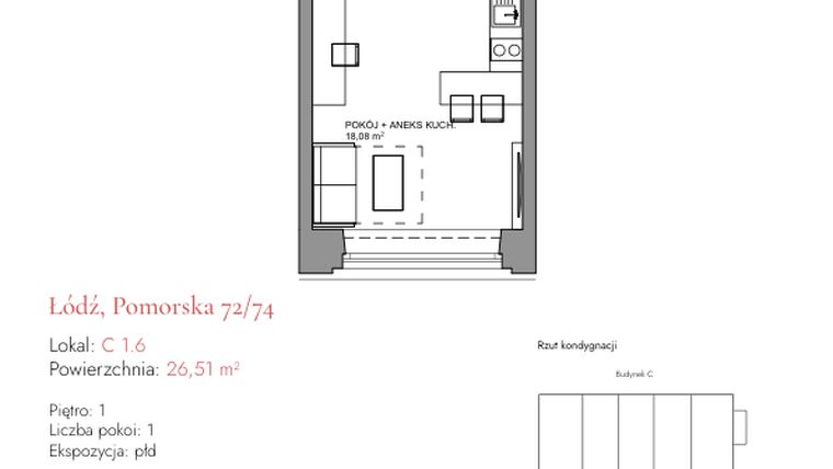 Rzut - Mieszkanie na sprzedaż 1 pokój o powierzchni 26,51 m² - numer C 1.6 w Melody Loft