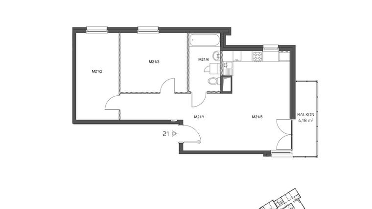 Rzut - Mieszkanie na sprzedaż 3 pokoje o powierzchni 63,03 m² - numer 21 w Wzgórze Krzemionki II