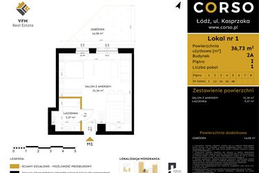 Rzut - Mieszkanie na sprzedaż 1 pokój o powierzchni 36,73 m² - numer 2A.1 w Corso etap 2