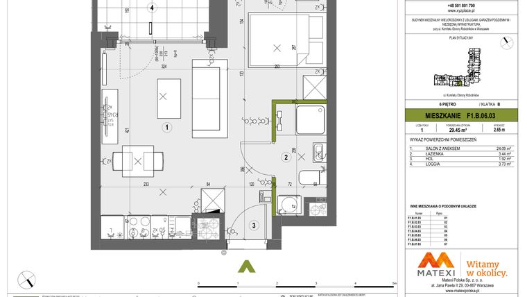 Rzut - Mieszkanie na sprzedaż 1 pokój o powierzchni 29,45 m² - numer F1.B.06.03 w XYZ Place