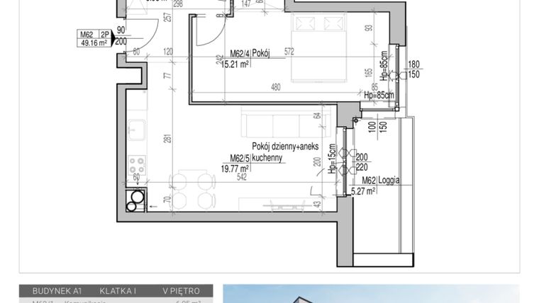 Rzut - Mieszkanie na sprzedaż 2 pokoje o powierzchni 49,16 m² - numer 62 w Aleja