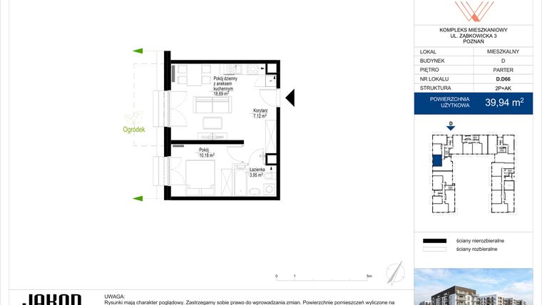 Rzut - Mieszkanie na sprzedaż 2 pokoje o powierzchni 39,94 m² - numer D.D66 w Wieruszowska D