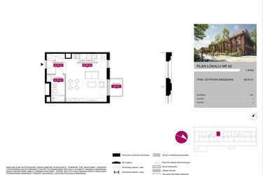 Rzut - Mieszkanie na sprzedaż 1 pokój o powierzchni 38,85 m² - numer 40 w Fuzja Mieszkania Loftowe