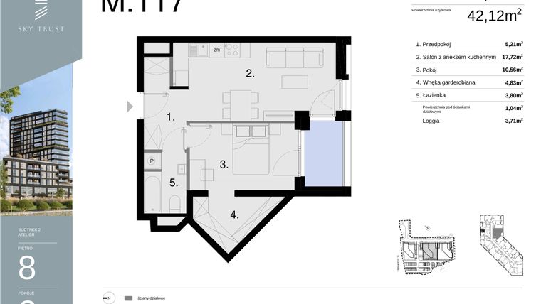 Rzut - Mieszkanie na sprzedaż 2 pokoje o powierzchni 43,16 m² - numer M117 w Sky Trust etap II