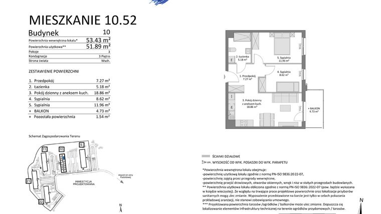 Rzut - Mieszkanie na sprzedaż 3 pokoje o powierzchni 51,89 m² - numer 10.52 w Osiedle Pastelowe etap IV