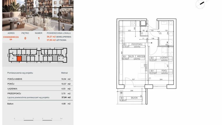 Rzut - Mieszkanie na sprzedaż 2 pokoje o powierzchni 37,84 m² - numer B1 w Symfonia - Chodkiewicza 9
