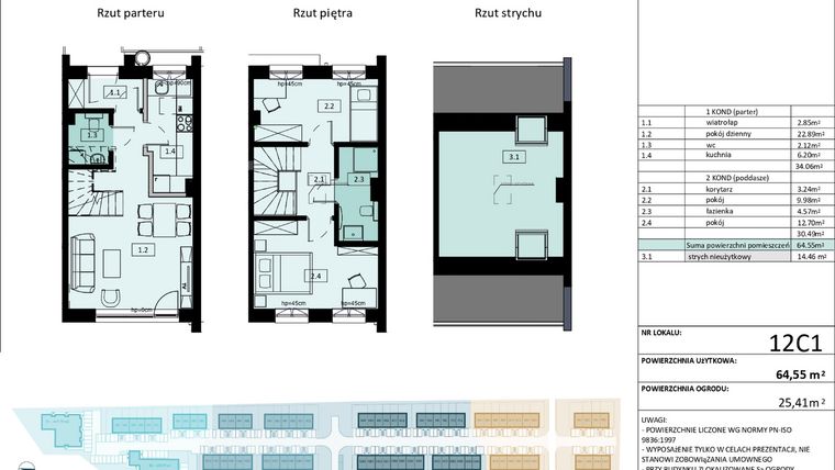 Rzut - Mieszkanie na sprzedaż 3 pokoje o powierzchni 64,55 m² - numer 12C1 w Osiedle Primo