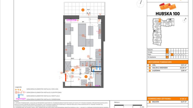 Rzut - Mieszkanie na sprzedaż 1 pokój o powierzchni 27,89 m² - numer 29 w Hubska 100 etap 2