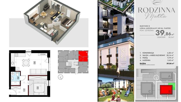 Rzut - Mieszkanie na sprzedaż 2 pokoje o powierzchni 39,86 m² - numer B4 w Rodzinna Malta