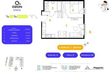 Rzut - Mieszkanie na sprzedaż 2 pokoje o powierzchni 38,01 m² - numer 2.33 w Osiedle Ozon etap VIII