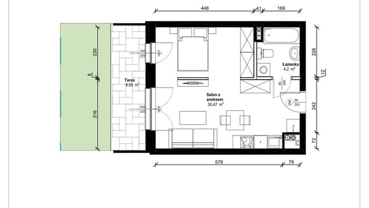 Rzut - Mieszkanie na sprzedaż 1 pokój o powierzchni 34,67 m² - numer B.0.18.1a w ATRIUM