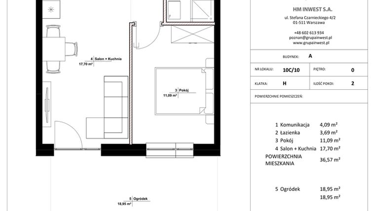 Rzut - Mieszkanie na sprzedaż 2 pokoje o powierzchni 36,57 m² - numer 10C/10 w Jasielska 8C etap II
