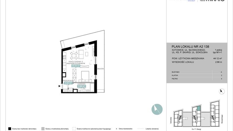 Rzut - Mieszkanie na sprzedaż 1 pokój o powierzchni 44,12 m² - numer A2 138 w Mikato