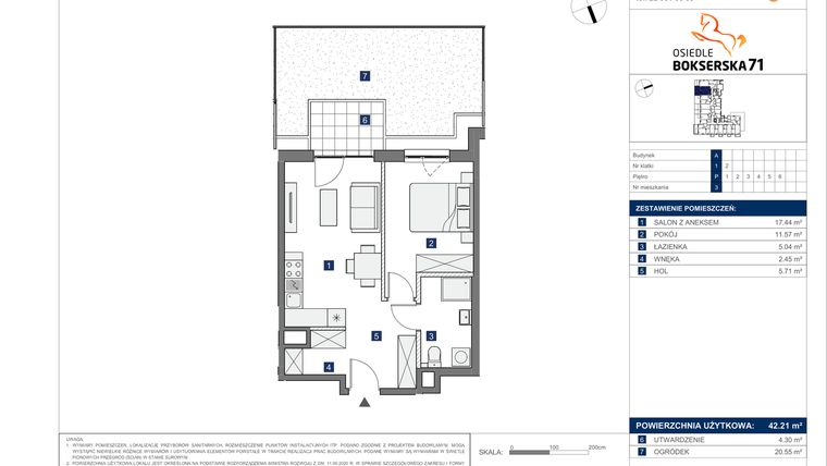 Rzut - Mieszkanie na sprzedaż 2 pokoje o powierzchni 42,21 m² - numer A.3 w Osiedle Bokserska 71 etap II
