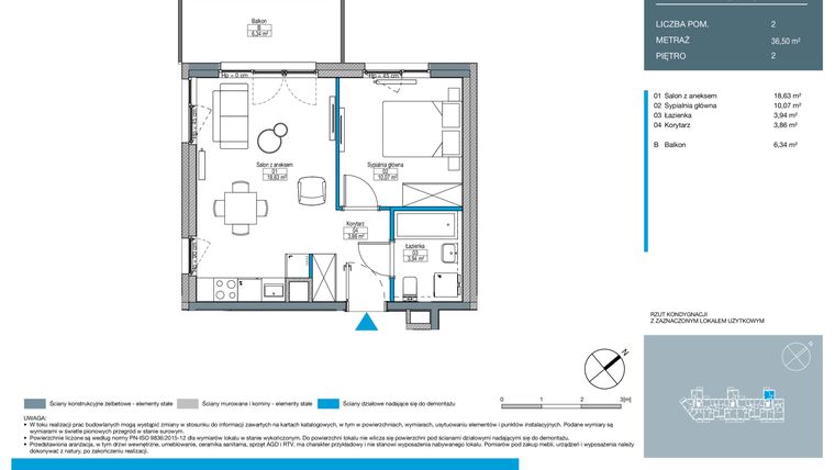 Rzut - Mieszkanie na sprzedaż 2 pokoje o powierzchni 36,5 m² - numer DA0201 w Talarowa Park II